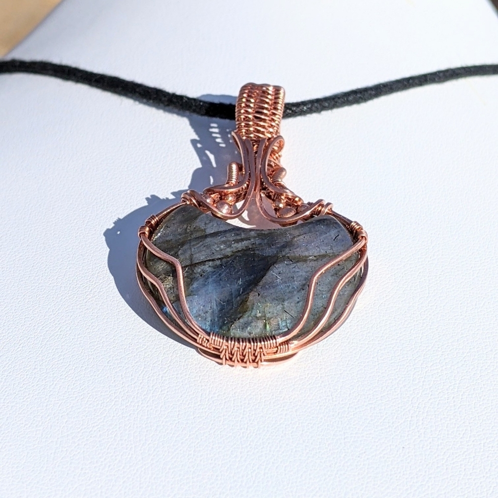 Ethereal Moon Pendant-Artisan-Blue Labradorite Gemstone-Copper Wire Wrap - Picture 10 of 17